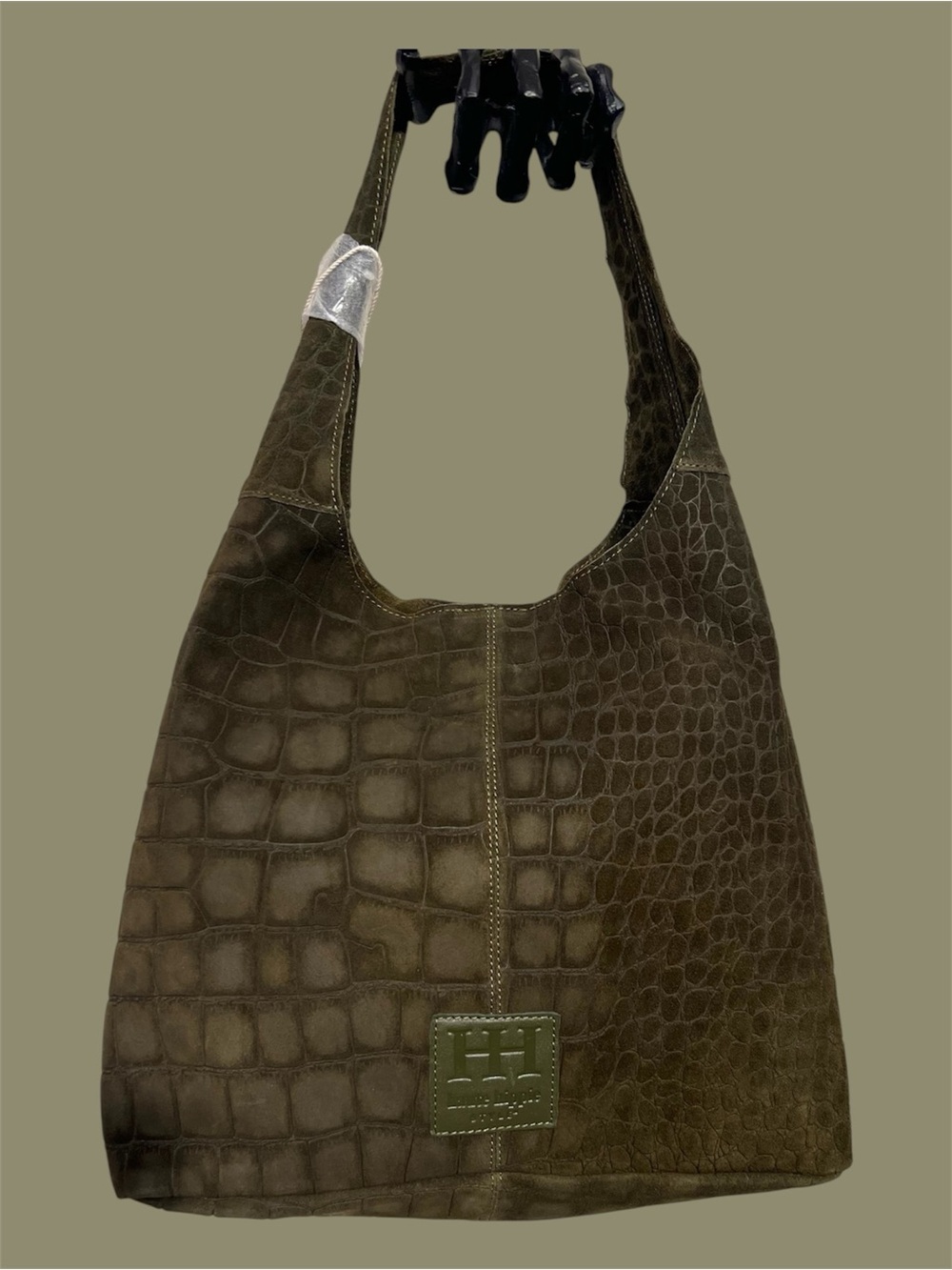 Haute Hippie olive green hobo bag with, crocodile-embossed suede design.NWT
